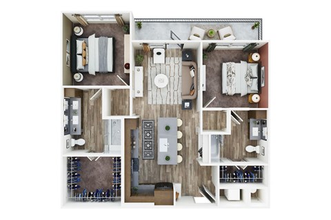a 3d floor plan of a house with wood floors